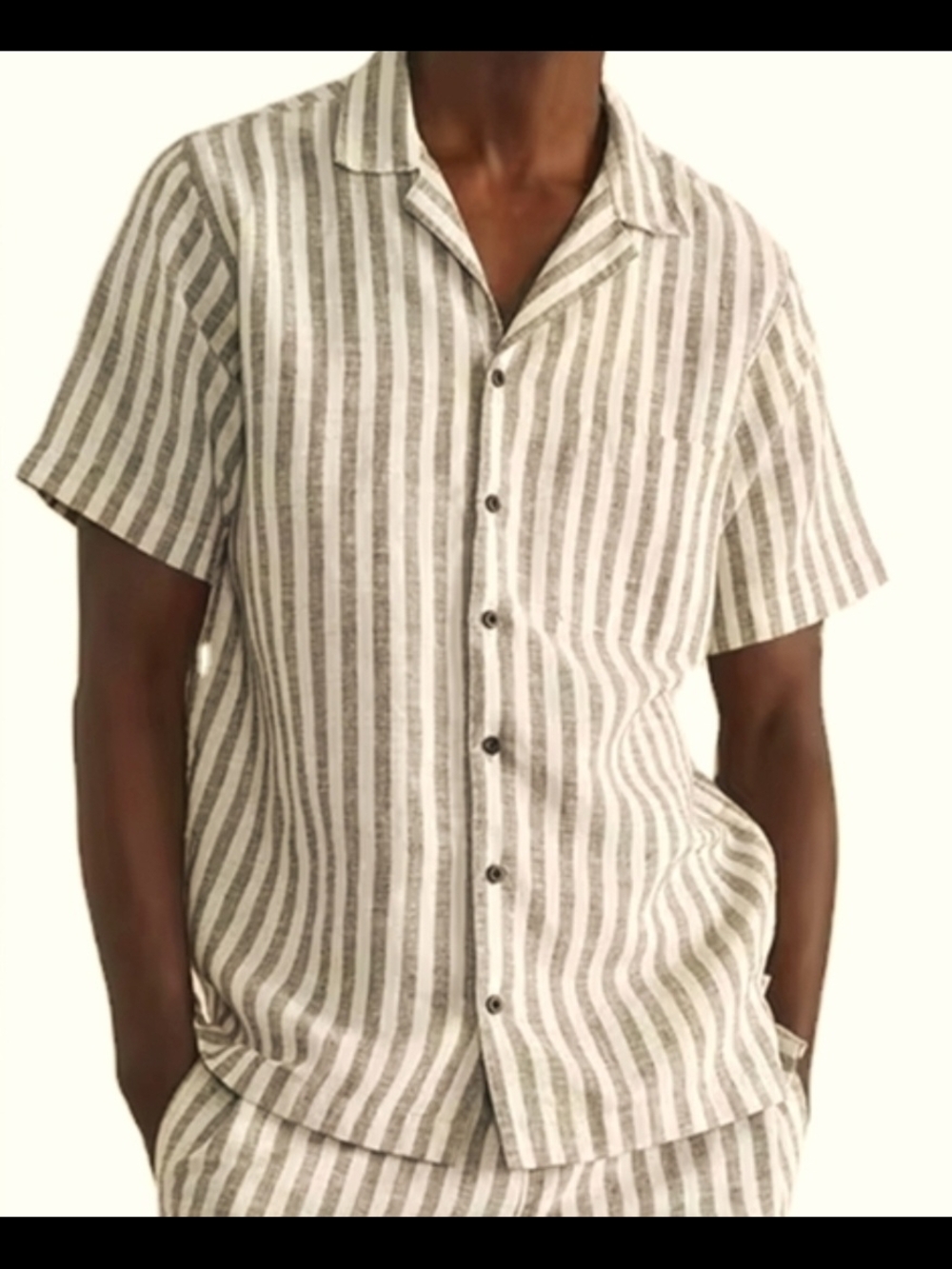 Onia Linen Gray and White Vertical-Stripe Short-Sleeve Button Shirt